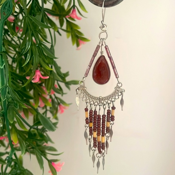 Dangle Earrings - Boho Vintage Silver Tone w/Brown Stone & Beads - 4" - Picture 1 of 7